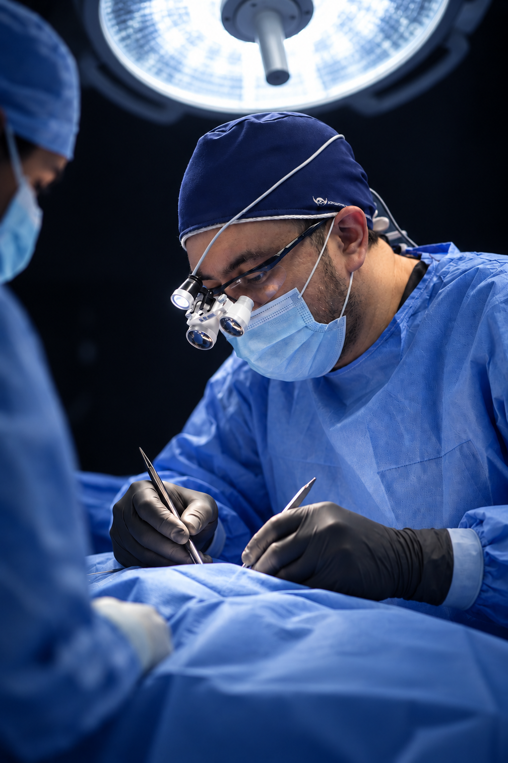 Dr. Pedro Martínez trabajando bajo la lámpara quirúrgica